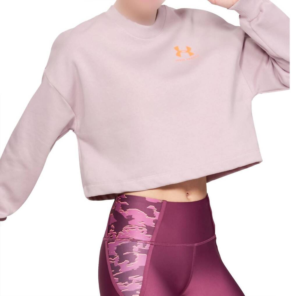NEW UNDER ARMOUR rival fleece cropped sweatshirt in pink fog/peach plasma